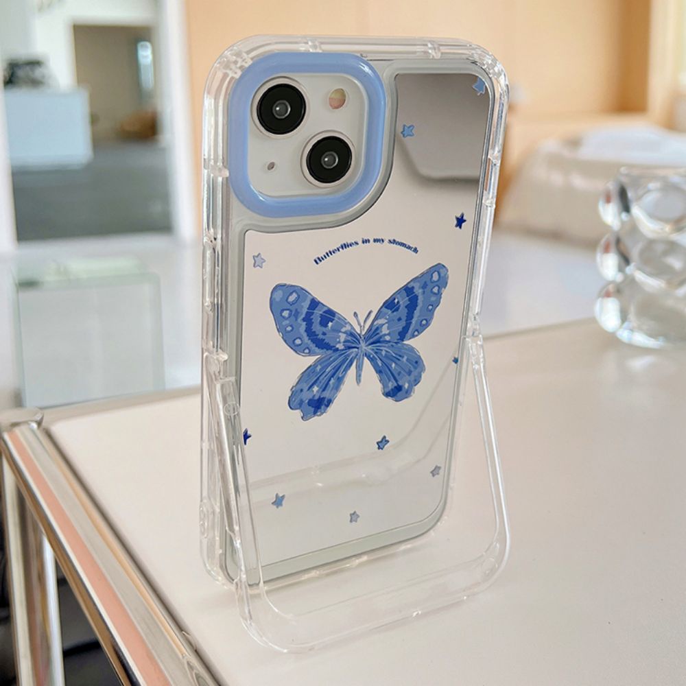 Ốp Điện Thoại TPU Mềm Tráng Gương Họa Tiết Bướm Xanh Dương Có Giá Đỡ Ẩn Cho IPhone 11 14 13 12 Pro Max