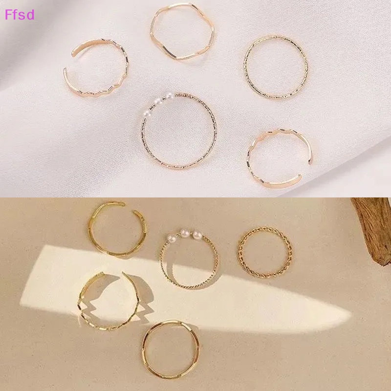 Bộ 5 Nhẫn Hở Hình Gợn Sóng Đính Ngọc Trai Đơn Giản Phong Cách Hàn Quốc Thời Trang Cho Nữ
