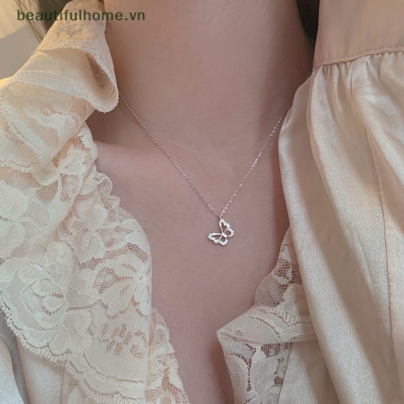 Vòng cổ Bạc Mặt Hình Bướm Rỗng Đính Đá Zircon Lấp Lánh Thời Trang Cho Nữ