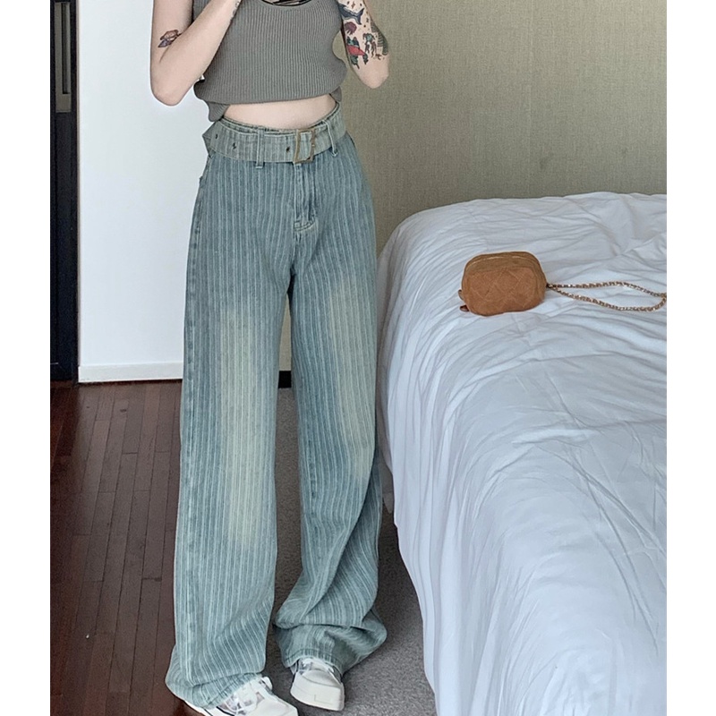 Quần Jean Lưng Cao Ống Rộng Họa Tiết Kẻ Sọc Hợp Thời Trang