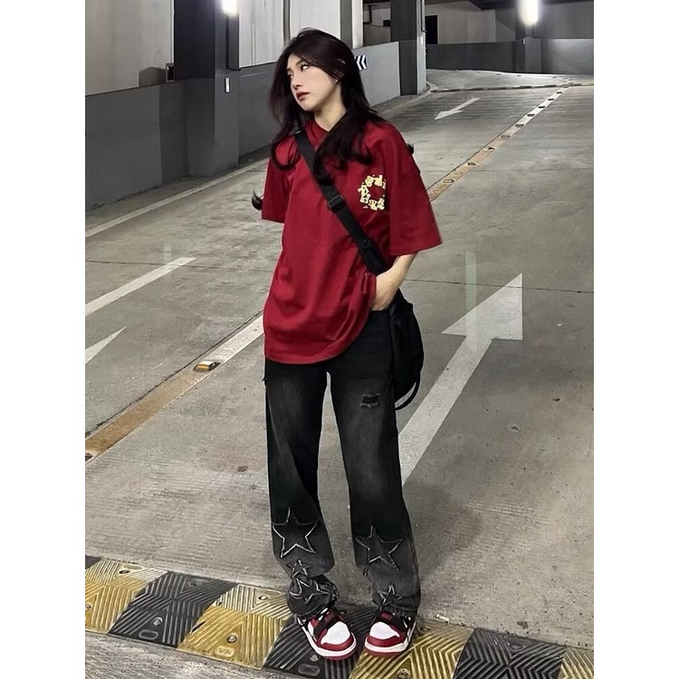 Quần Jean Ống Rộng Thêu Ngôi Sao Màu Gradient Phong Cách Đường Phố Mỹ Hàng Mới A3g4