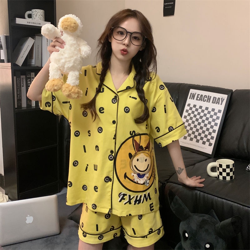 Bộ Đồ Ngủ Tay Ngắn In Họa Tiết Hoạt Hình Mặt Cười Phong Cách Hàn Quốc Thời Trang Mùa Hè Cho Nữ