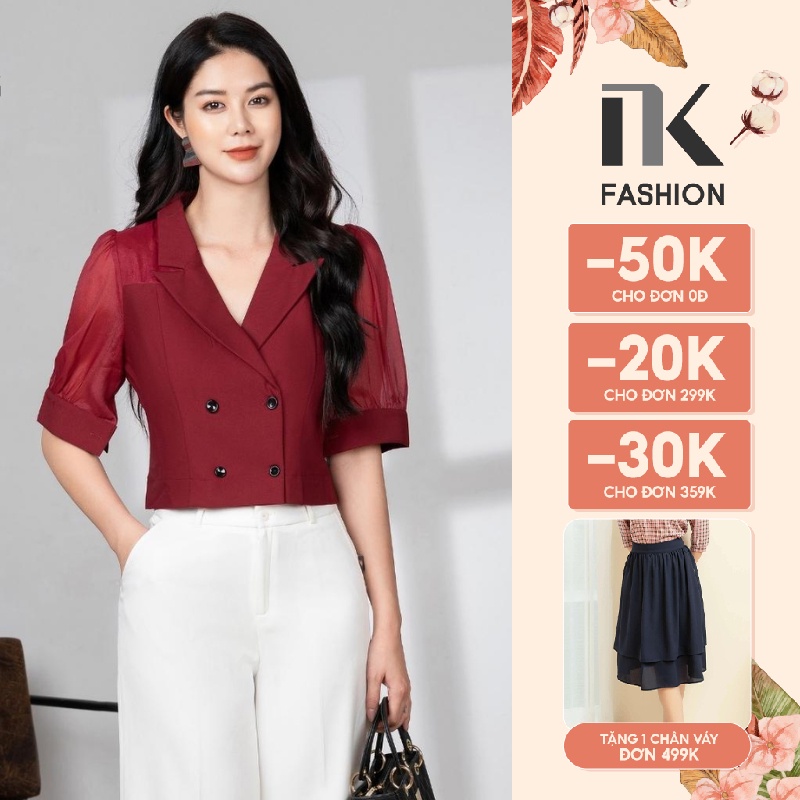 Áo Sơ Mi Nữ Công Sở Cổ Vest NK Fashion Tay Lỡ Giao Cúc Phối Tơ Ánh, Chất Liệu Nhập Hàn Mềm Mịn NKSM2112016