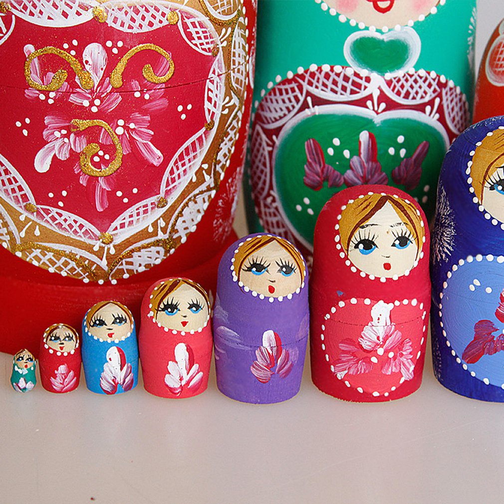 =Christmas=10 Pcs/SET Wooden Russian Nesting Dolls Russia Traditional Matryoshka Dolls