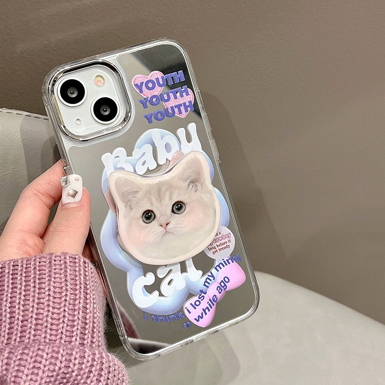 Ốp Điện Thoại Mềm Chống Sốc Tráng Gương In Hình Mèo Hoạt Hình Dễ Thương Có Giá Đỡ Cho iPhone 14 13 12 11 Pro Max 14 Plus