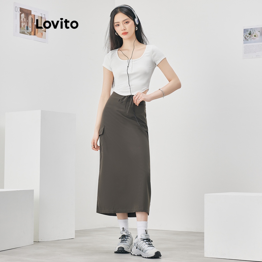 Áo thun Lovito tay ngắn màu trơn phối nút cơ bản phong cách thường ngày dành cho nữ L52AD030 (trắng)