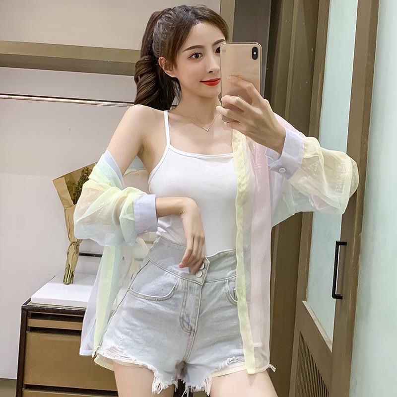 Áo Sơ Mi Mỏng Tay Dài Chống Nắng Màu Sắc Cầu Vồng Xinh Xắn Dành Cho