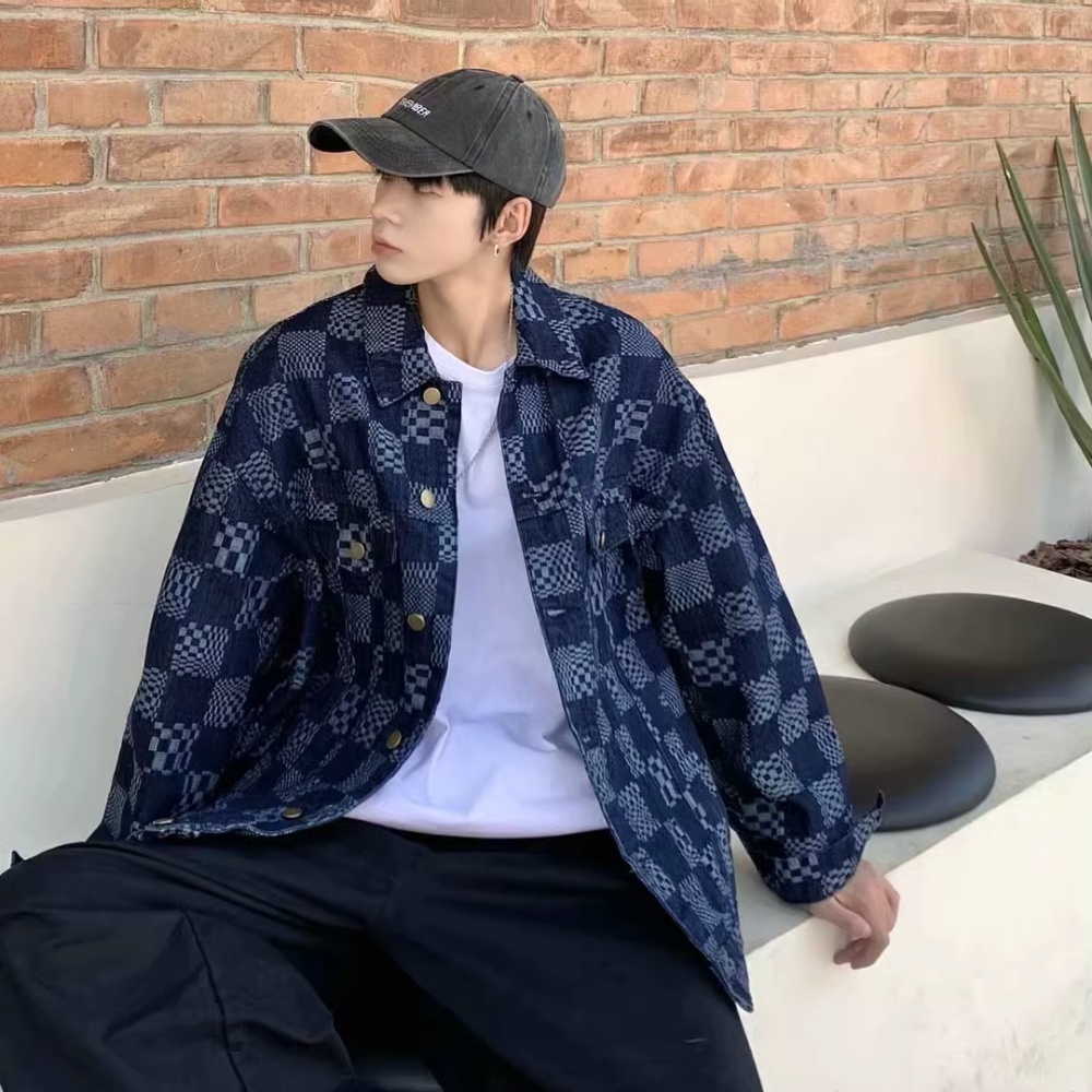 Áo Khoác Denim Dáng Rộng Họa Tiết Kẻ Ô Đen Phong Cách Retro Nhật Bản Cho Nam Giới