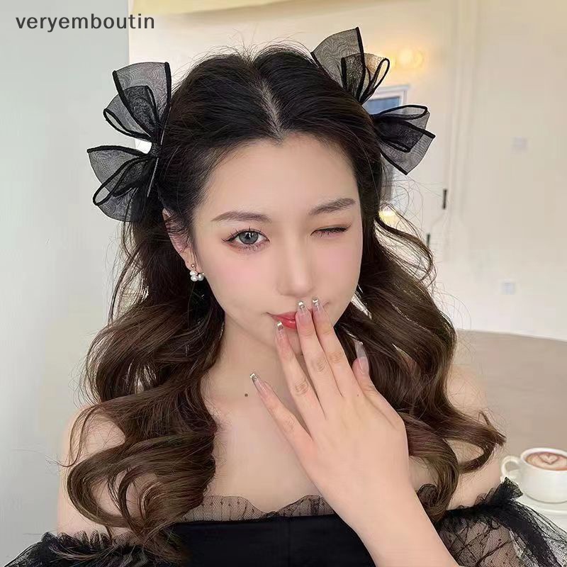 Kẹp Tóc Nơ Lưới Hai Lớp Màu Đen Ngọt Ngào Thời Trang Cho Nữ