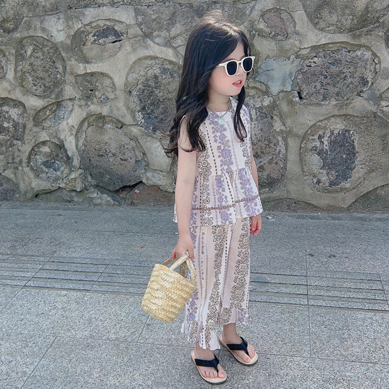 Set Áo Thun + Quần Dài Lưng Thun Thời Trang Đi Biển Mùa Hè Cho Bé Gái