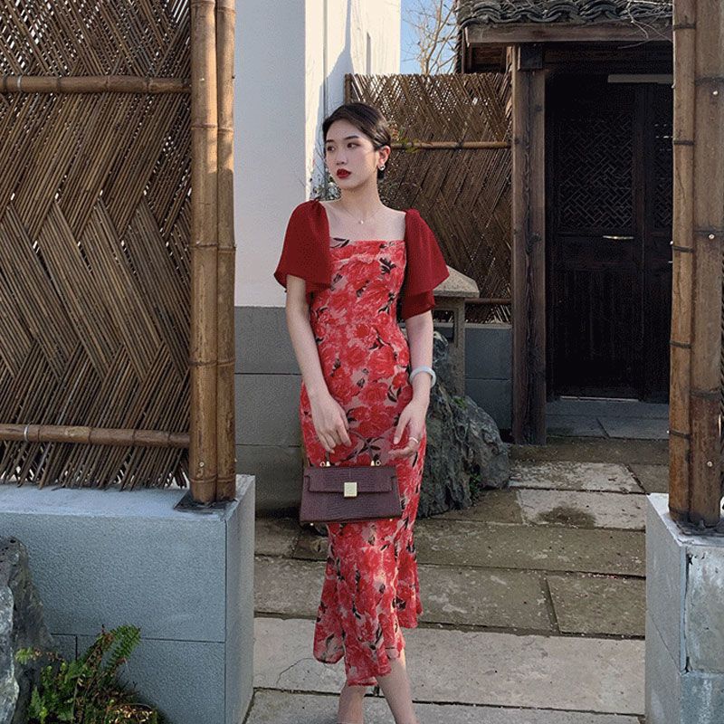 M &amp; E Đầm Đuôi Cá Dài Ôm Eo In Họa Tiết Hoa Mẫu Đơn Phong Cách Pháp Cổ Điển Thời Trang Mùa Hè Dành Cho Bạn Nữ