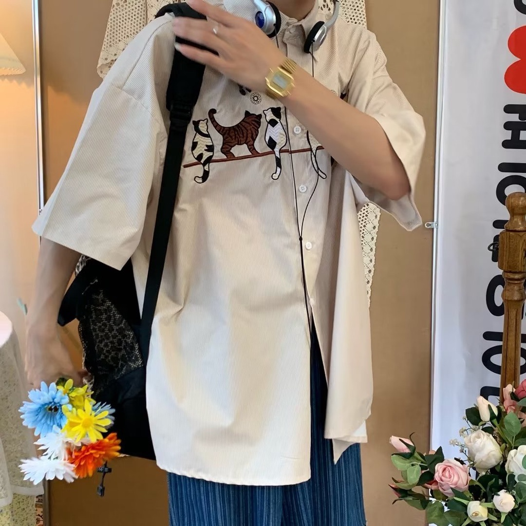 Áo Sơ Mi Ngắn Tay Thêu Hình Mèo Phong Cách vintage Nhật Bản