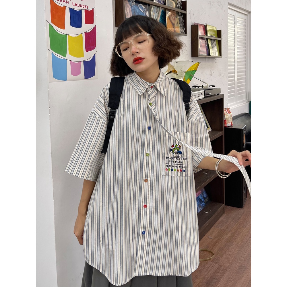 Áo Sơ Mi Tay Ngắn Kẻ Sọc In Hoạt Hình Thời Trang Mùa Hè 2023 Cho Nữ