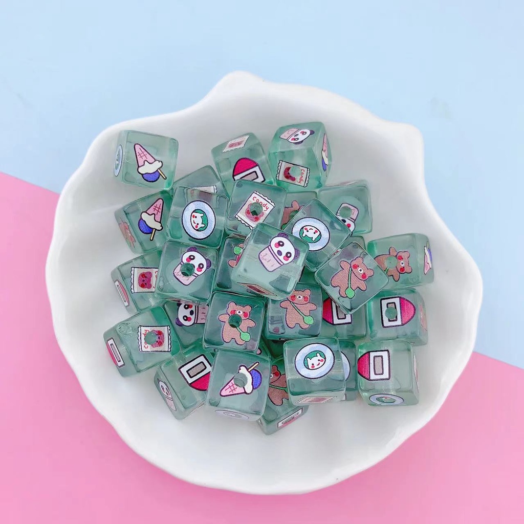 Set 10 Hạt Xỏ Lỗ Hình Vuông 12mm In Họa Tiết Dễ Thương Dùng Để Làm Đồ Trang Sức Thủ Công DIY