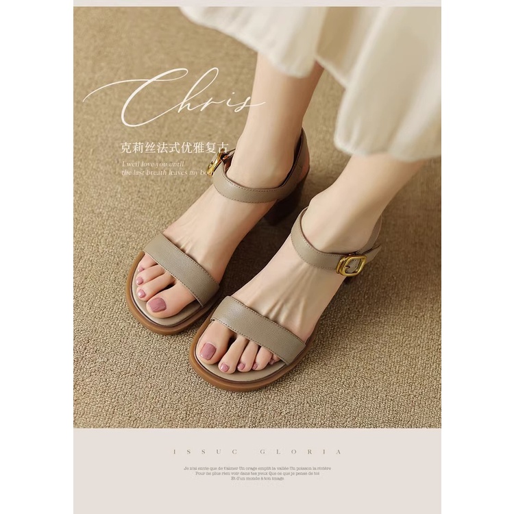 Duoya Hair Thẳng ~ [Hàng Có Sẵn] Giày Sandal Da Mềm Gót Dày Mũi Tròn Dây Phẳng Cài Khóa Đơn Giản Dễ Phối Đồ