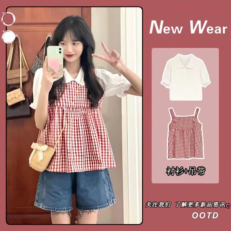 Áo Sơ Mi Hai Dây Kẻ Caro Đỏ Phong Cách Preppy Thời Trang Mùa Hè 2023 Mới Cho Nữ