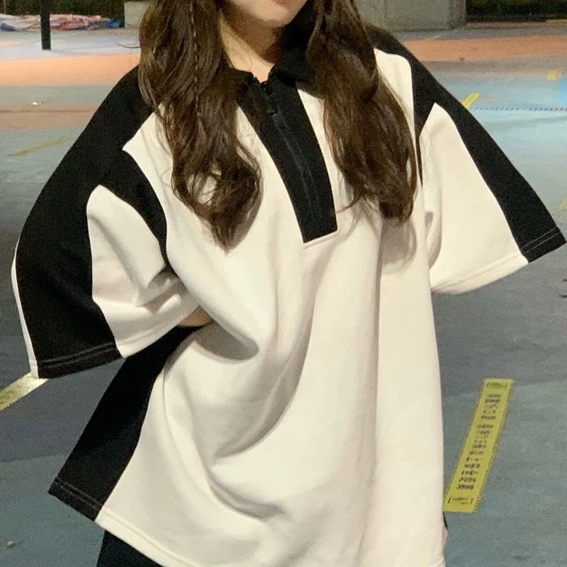 Áo Thun polo Tay Ngắn Có Khóa Kéo Phối Màu Tương Phản Phong Cách Thời Trang Mới 2023