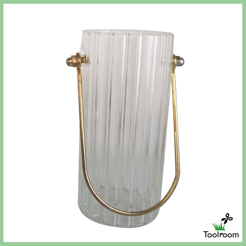 Bình Hoa Thủy Tinh Trong Suốt Hình Trụ Với Tay Cầm Kim Loại