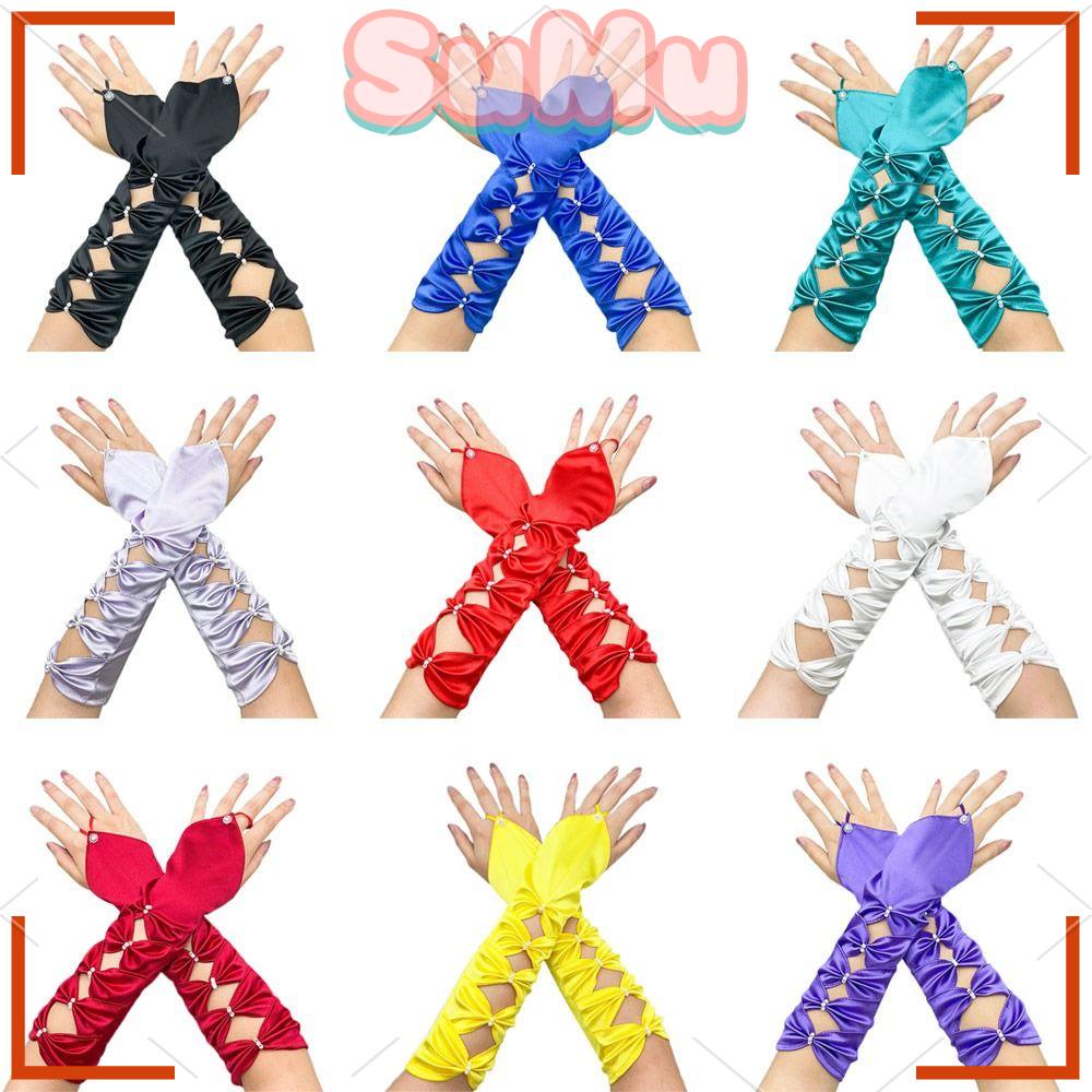 Găng Tay Cô Dâu Vải Satin Co Giãn Xếp Ly Đính Nơ Xinh Xắn