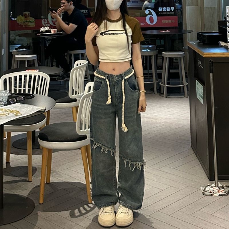 Quần Jean Dài Ống Rộng Lưng Cao Phong Cách Hong Kong Thời Trang Mùa Hè Mới Cho Nữ