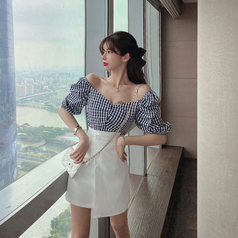 Bộ Áo Tay Phồng Trễ Vai + Chân Váy Ngắn Lệch Tà Thời Trang Mùa Hè 2023 Phong Cách Mới Cho Nữ