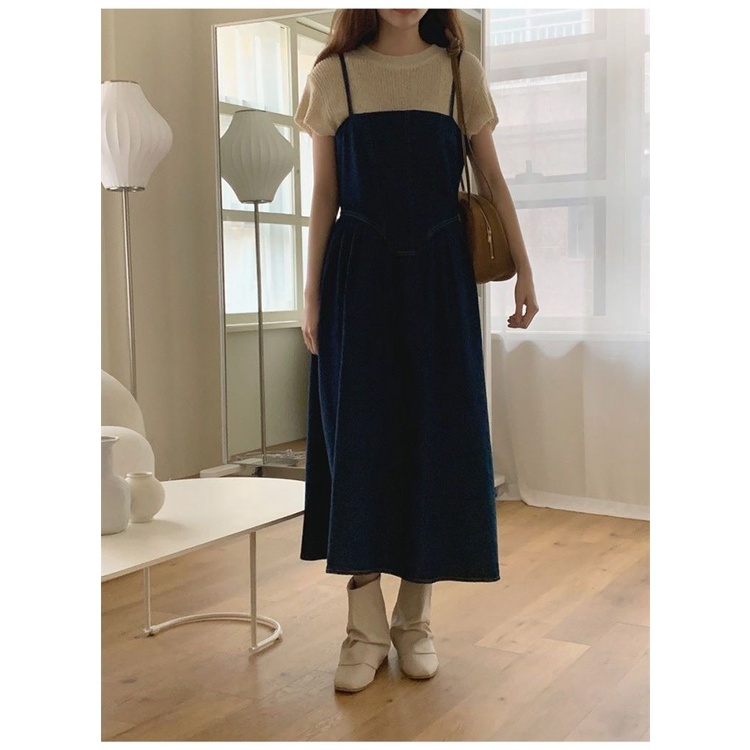 Bộ Áo Dệt Kim + Váy Yếm Denim Lưng Cao Thời Trang Mùa Hè Hàng Mới 2023 Dành Cho Bạn Nữ