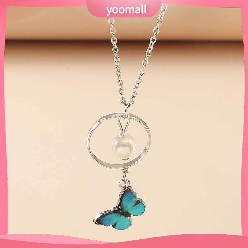 [YM] Vòng cổ Chuỗi Hạt Ngọc Trai Mặt Hình Tròn Và Bướm Nhiều Màu Sắc Cá Tính Thời Trang