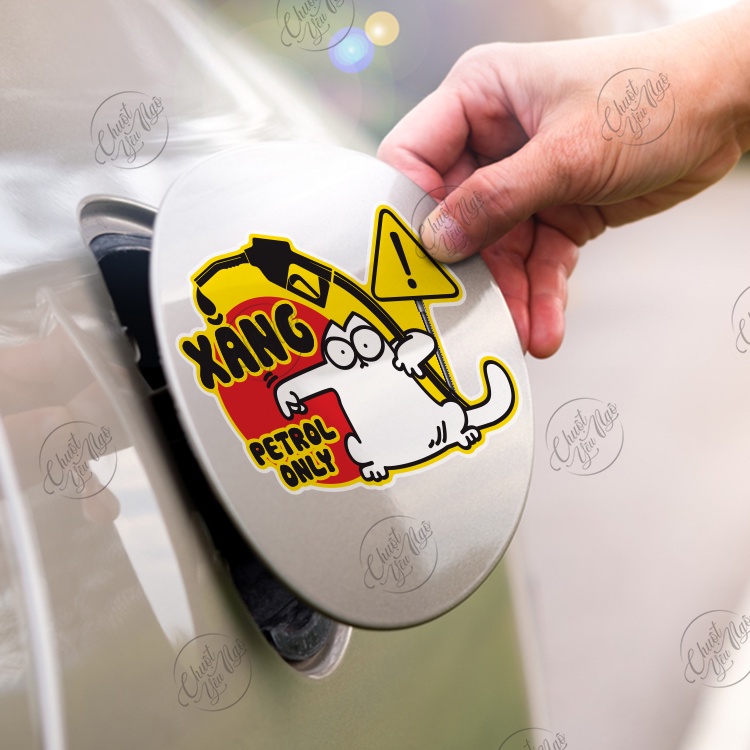Combo 2 miếng dán trang trí bình xăng xe hơi ô tô cảnh báo chỉ đổ XĂNG CON MÈO petrol only