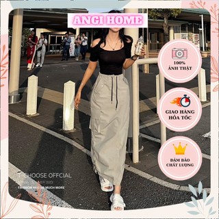 Set áo đen croptop body khoét vai 2 dây bẹt vai + chân váy hộp midi suông angi home