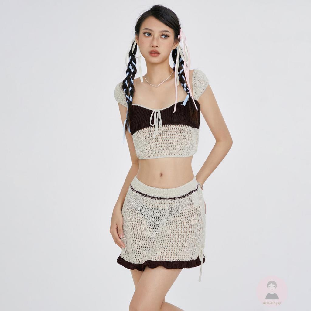 Bộ Trang Phục Mùa Hè 2 Món Gồm Áo Dệt Kim Buộc Dây + Chân Váy Màu Sắc Tương Phản Cho Nữ