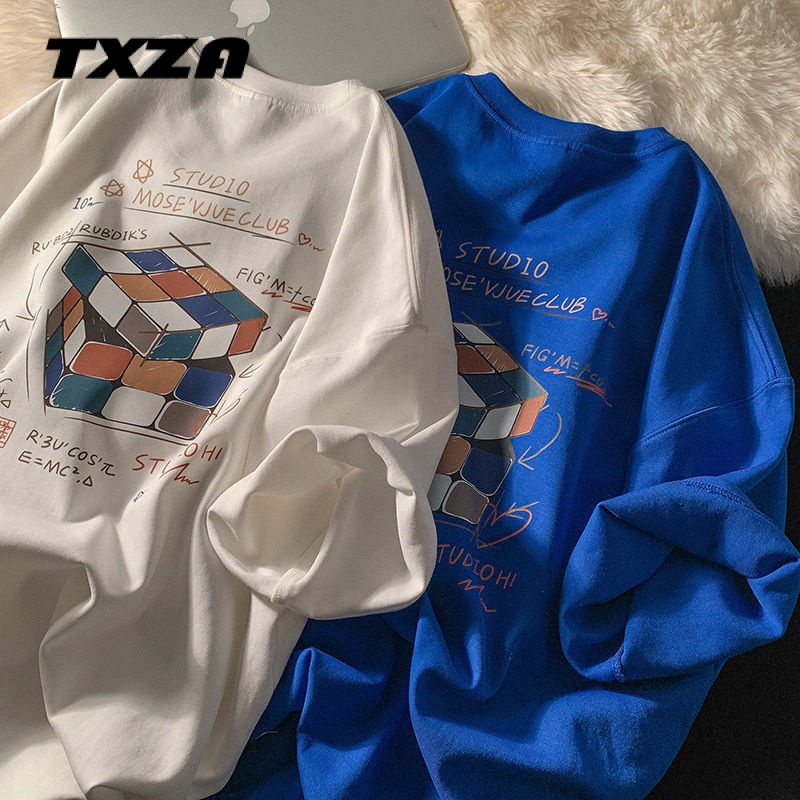Áo Thun Cotton Tay Ngắn Cổ Tròn Dáng Rộng In Hình Khối Rubik Thời Trang Mùa Hè Cho Nam Giới