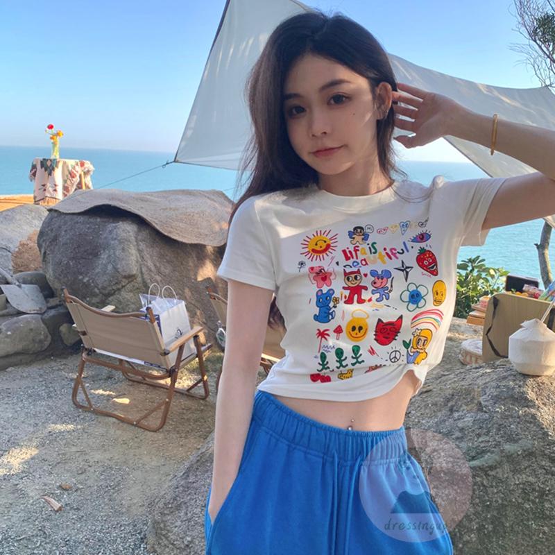 Áo Thun Tay Ngắn Cổ Tròn Dáng Ôm In Họa Tiết Hoạt Hình Xinh Xắn Cho Bạn Gái
