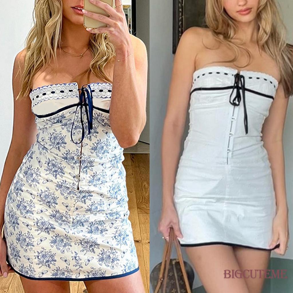 [] - Đầm Ống Mini Trễ Vai Ôm Dáng Cúp Ngực Không Dây Cổ Thuyền In Hoa Màu Sắc Tương Phản Cho Nữ