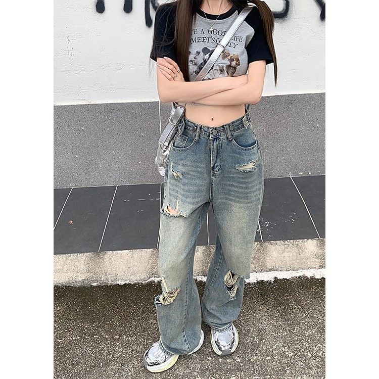 NZN Quần Jean Dài Lưng Cao Dáng Rộng Phối Rách Cá Tính Thời Trang Dành Cho Nữ
