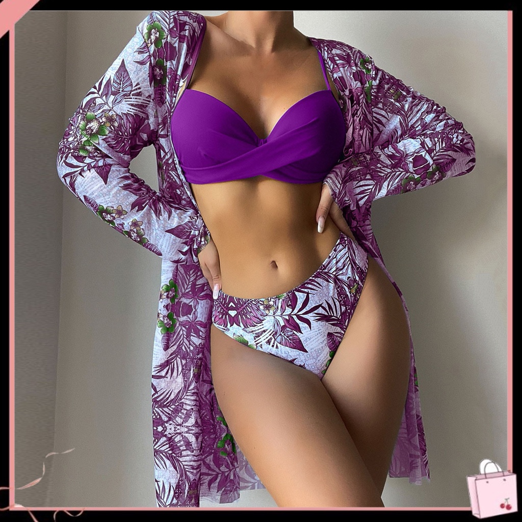 Bộ Đồ Bơi 3 Mảnh Gồm Áo Dài Tay + Quần + Áo Ngực In Hoa Hai Dây Có Mút Đệm Quyến Rũ Dành Cho Nữ