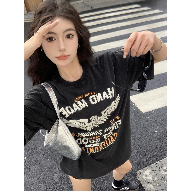Áo Thun Ngắn Tay Dáng Rộng In Chữ Thời Trang Retro Cá Tính