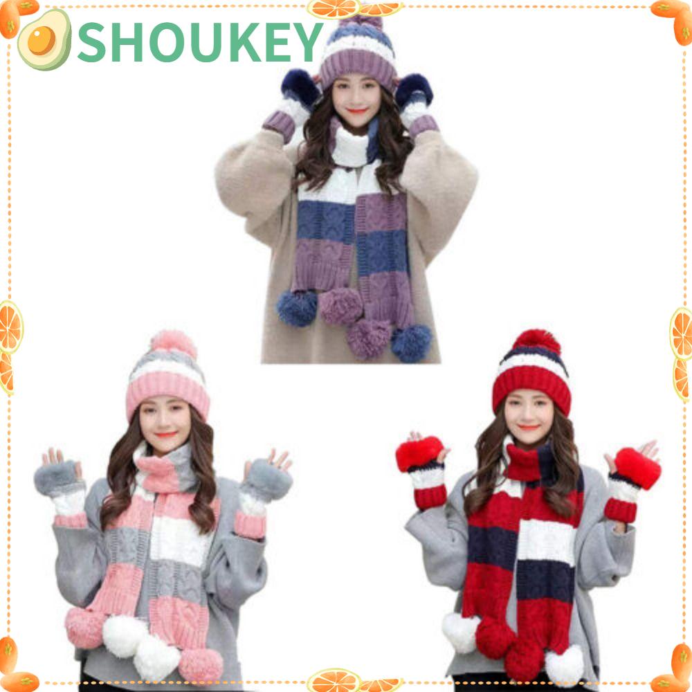 SHOUKEY Set 3 Món Mũ Len + Găng Tay + Khăn Choàng + Găng Tay Dệt Kim