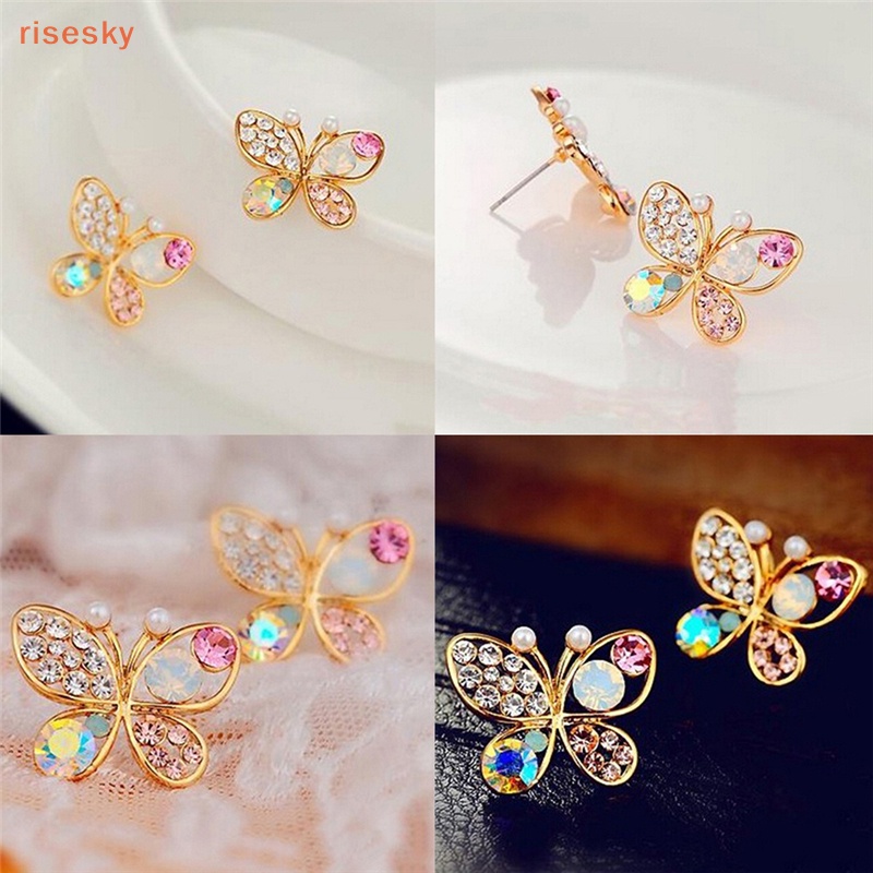 Bông Tai Hình Bướm Rỗng Đính Đá Pha Lê Dễ Thương Cho Nữ