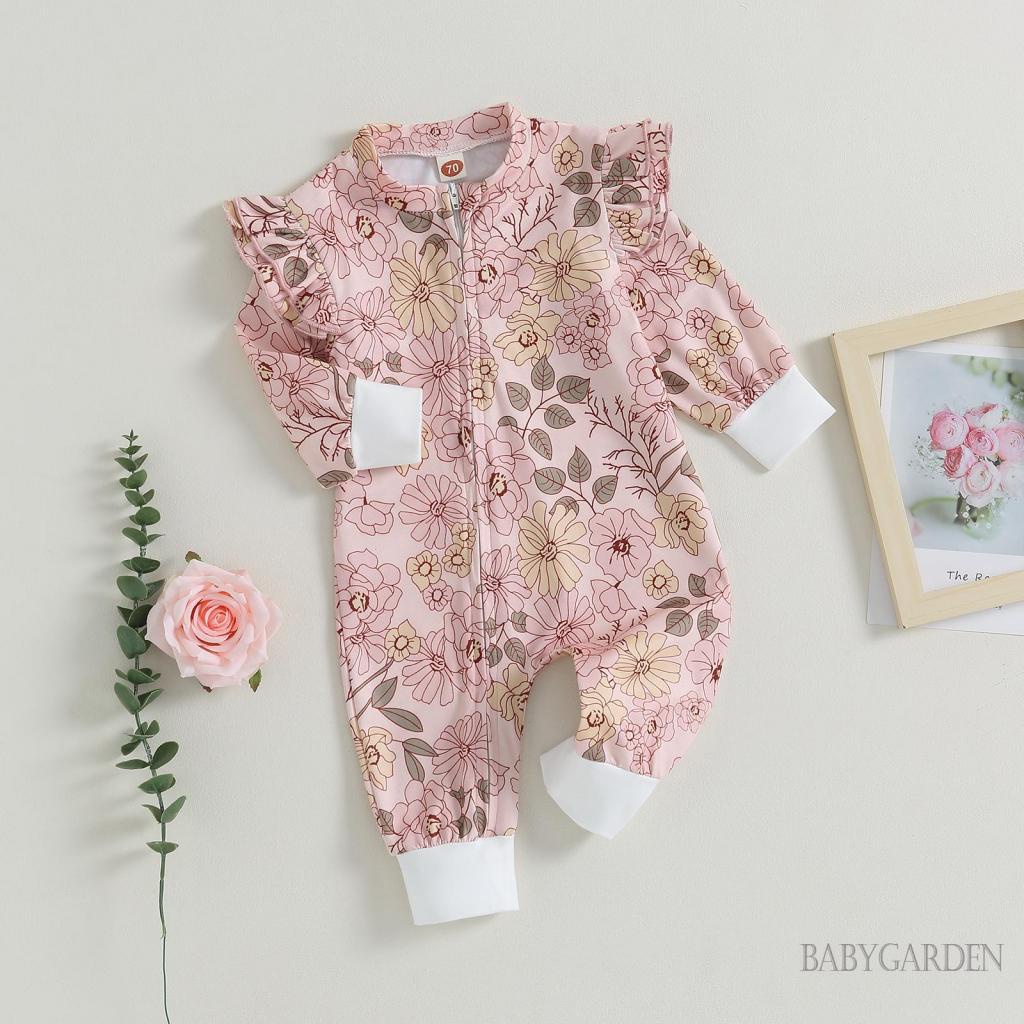 Bộ Áo Liền Quần Tay Dài Cổ Tròn In Hoa Có Khóa Kéo Dành Cho Bé Gái 0-24 Tháng Tuổi