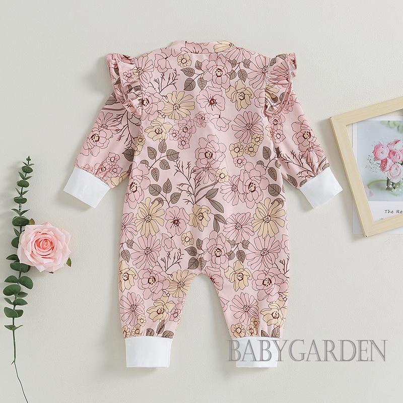 Bộ Áo Liền Quần Tay Dài Cổ Tròn In Hoa Có Khóa Kéo Dành Cho Bé Gái 0-24 Tháng Tuổi