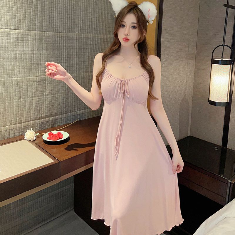 Đầm Ngủ Hai Dây Mỏng Màu Hồng Có Đệm Ngực Phong Cách Mới Mùa Hè Cho Nữ