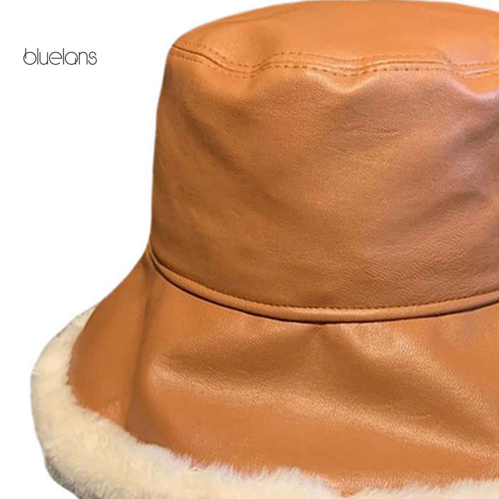 Mũ Bucket Giả Da Phối Lông Thỏ Dày Dặn Ấm Áp Chống Gió Thời Trang