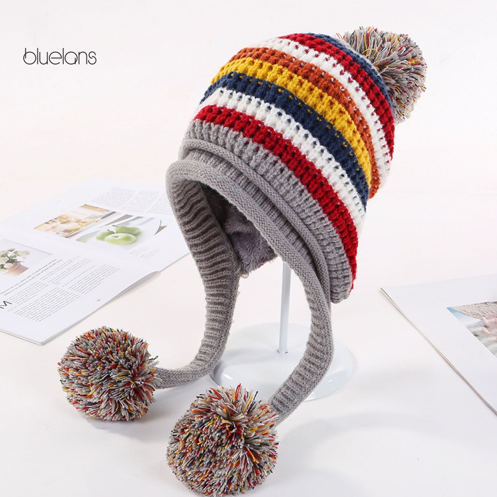 Mũ Beanie Dệt Kim Đính Bóng Lông Dày Dặn Giữ Ấm Tai Co Giãn Màu Sắc Thời Trang Mùa Đông Cho Nữ