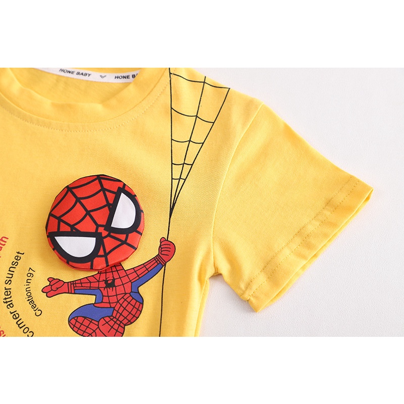 Set Đồ Mùa Hè 2 Món Gồm Áo Cotton In Hình Người Nhện Hoạt Hình + Quần Ngắn Denim Cho Bé Trai