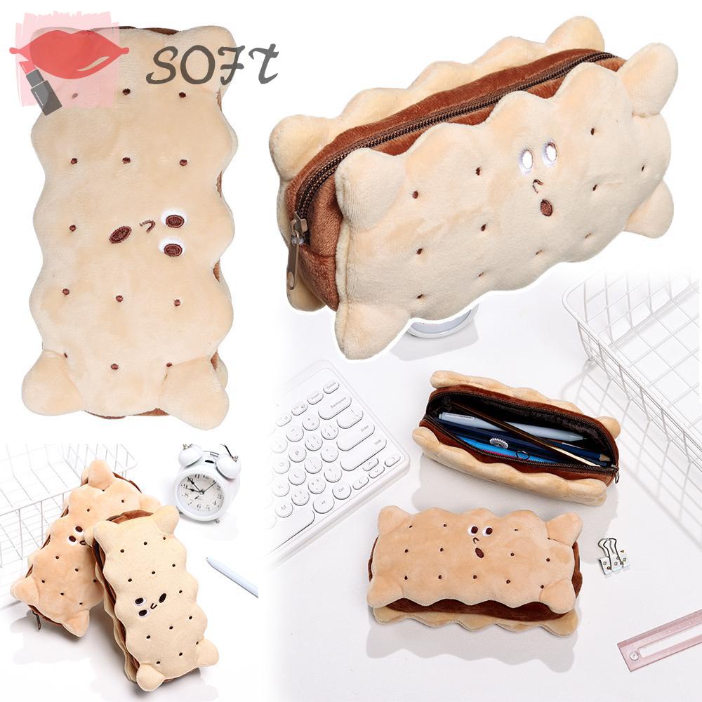 SOFTNESS Túi Đựng Bút Hình Bánh Quy Bằng Lông Nhung Dễ Thương Xinh Xắn