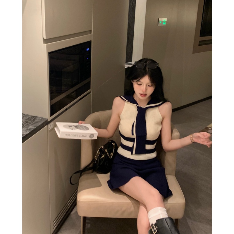 Set Áo Tank Top Cổ Thủy Thủ + Chân Váy Dệt Kim Thời Trang Mùa Hè Mới Cho Nữ