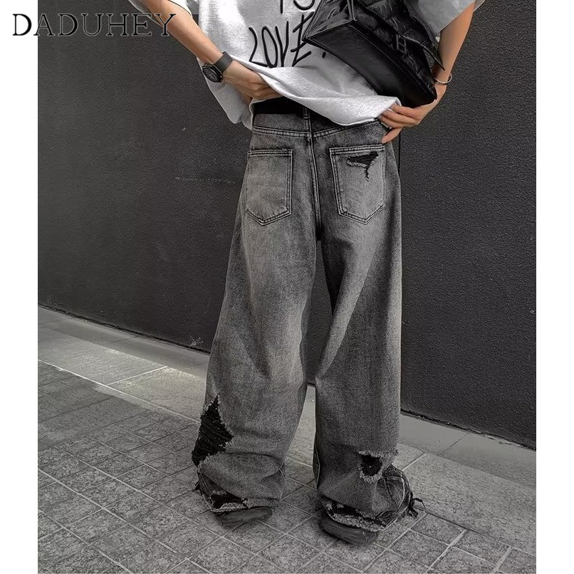 DaDuHey Men's and Women's American Style Ins Trend Handsome Casual Pants 2023 Summer New High Street Fashion All-Matching Ripped Jeans