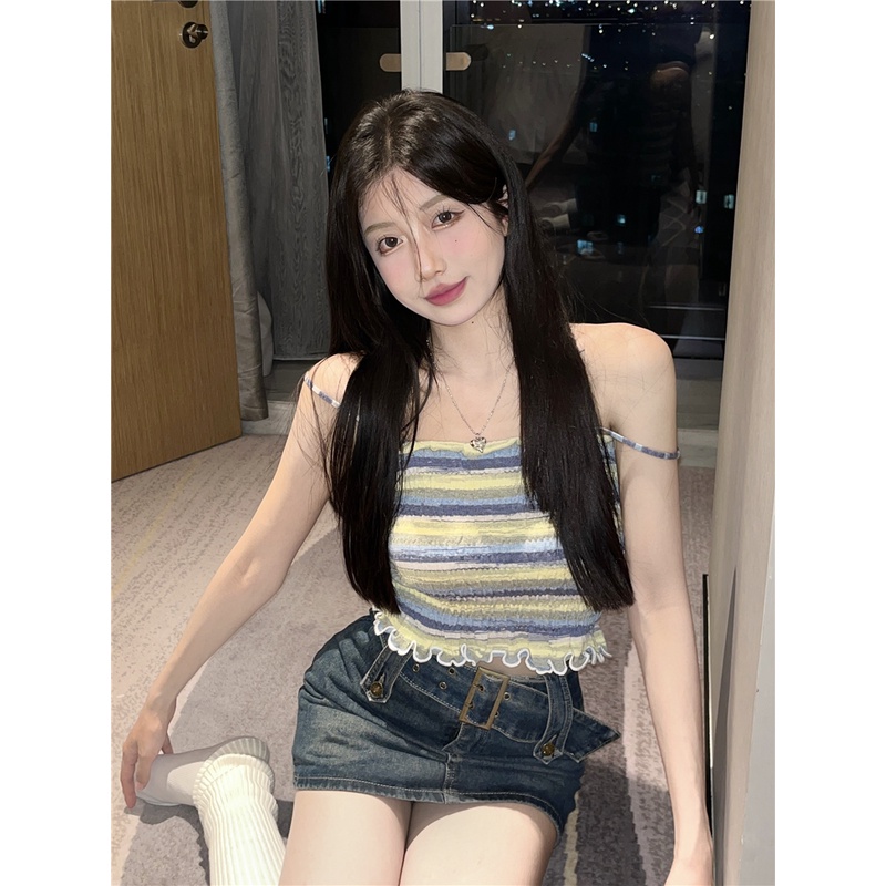 Áo Dệt Kim Hai Dây Họa Tiết Kẻ Sọc Thời Trang Mùa Hè Quyến Rũ Cho Nữ