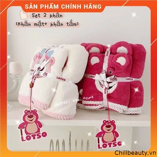 Set 2 khăn tắm gấu dâu LOSTO siêu mềm mịn thấm hút tốt kèm túi Zip - Bộ 2 món khăn mặt & khăn tắm Hàn Quốc hình gấu hồng