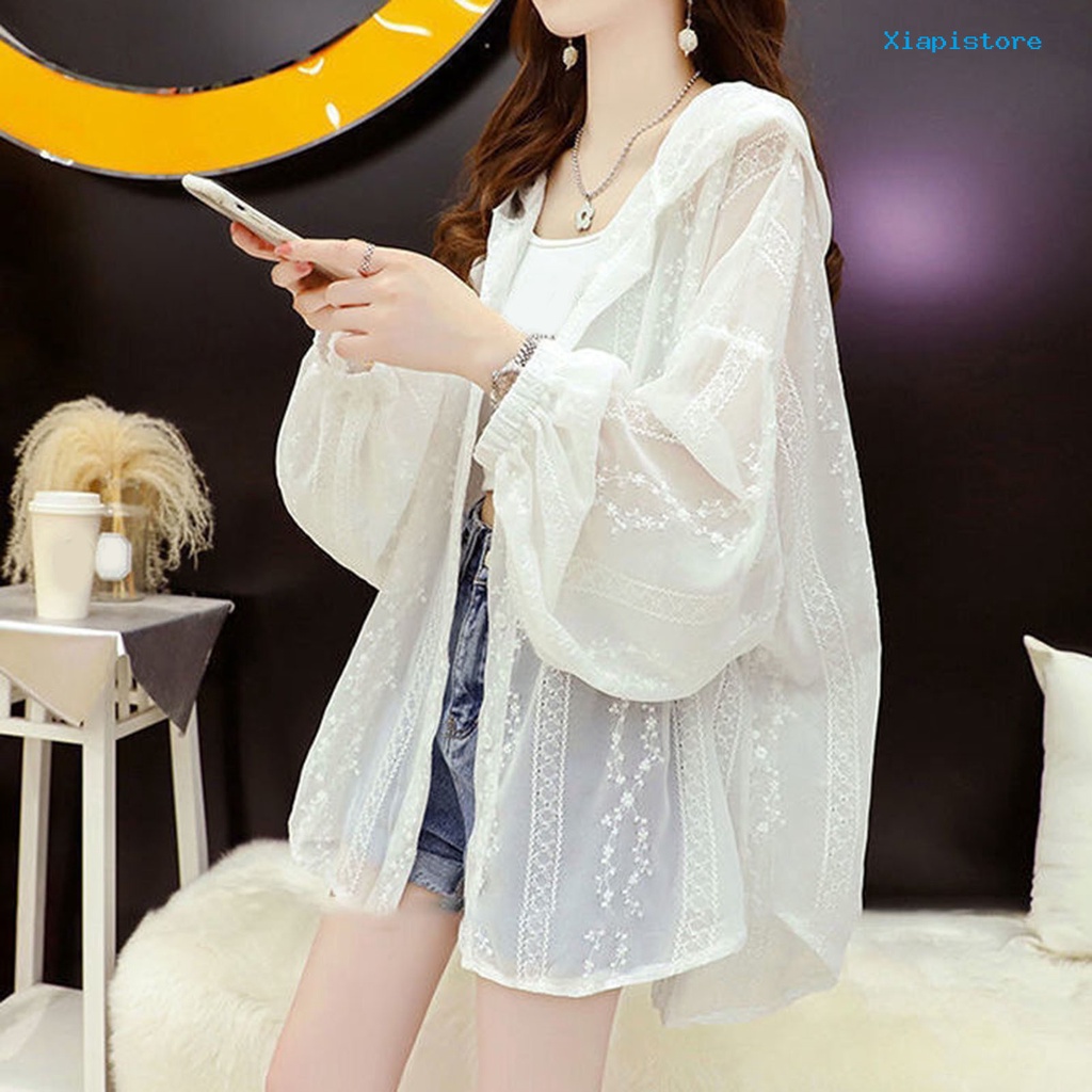 Áo Khoác Chống Nắng / Tia UV Vải Lụa Lạnh Mỏng Tay Dài Có Mũ Trùm Thêu Họa Tiết Thời Trang Mùa Hè Cho Nữ